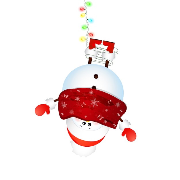 Boneco de neve bonito com lenço, chapéu de papai noel vermelho pendurado de cabeça para baixo isolado no fundo branco.