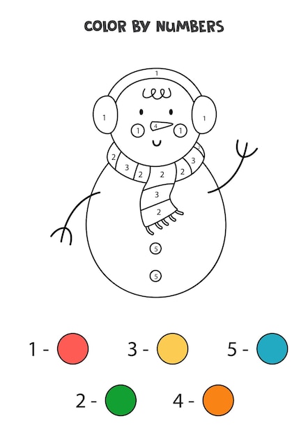 Boneco de neve bonito dos desenhos animados da cor por números. Planilha para crianças.