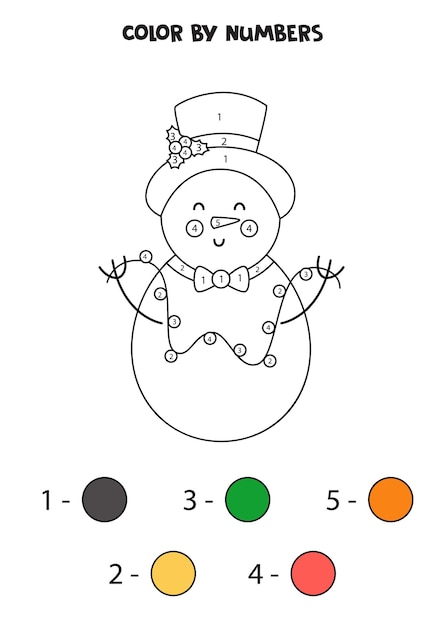 Boneco de neve bonito dos desenhos animados da cor por números. planilha para crianças.