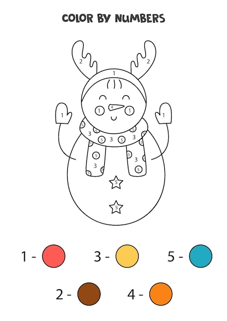 Boneco de neve bonito dos desenhos animados da cor por números. Planilha para crianças.
