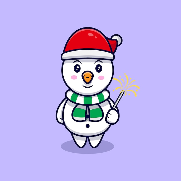 Boneco de neve bonito jogando fogos de artifício mascote dos desenhos animados ilustração.