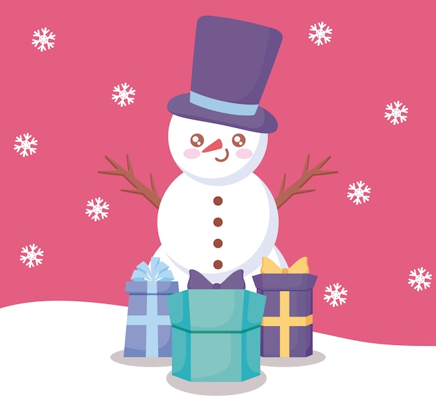 Boneco de neve com caixas de presente de Natal