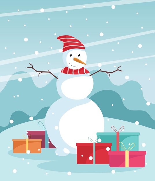 Boneco de neve com caixas de presente. Feliz Natal e Feliz Ano Novo. Ilustração em vetor plana.