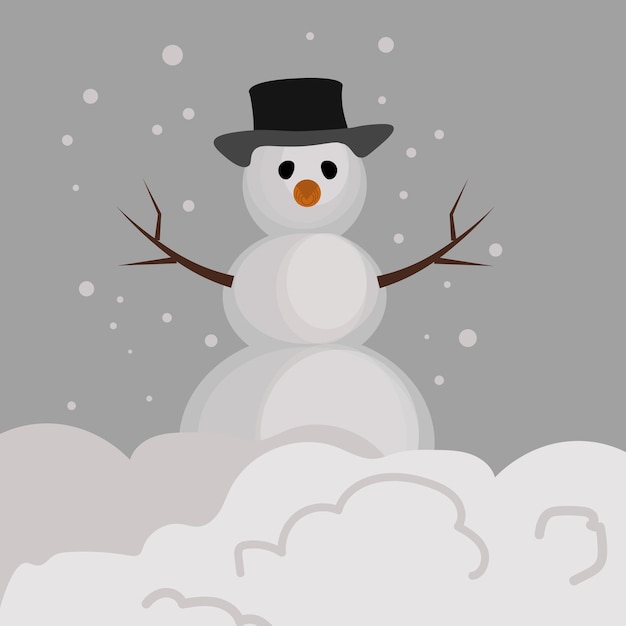 Boneco de neve com um chapéu preto isolado em uma ilustração vetorial de design plano de fundo whitegray