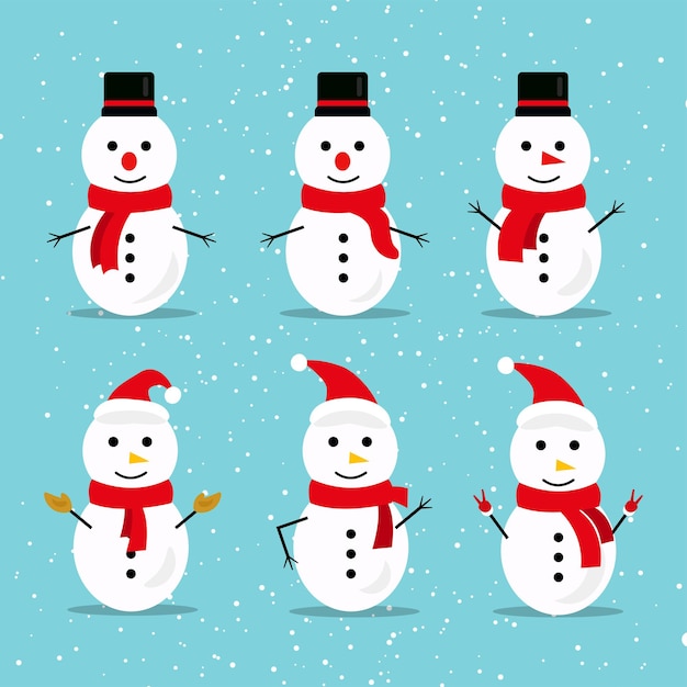Vetor boneco de neve de natal adorável coleção de seis personagens em design plano