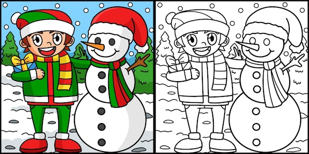 Boneco de neve de natal com um menino para colorir ilustração