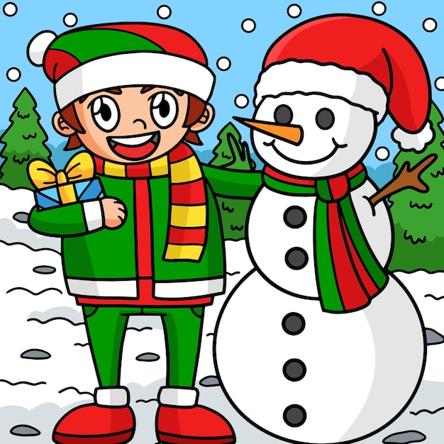 Boneco de neve de natal com uma ilustração colorida de menino