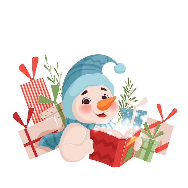 Boneco de neve de natal engraçado bonito segura um livro mágico e sorri ao lado dos presentes. ilustração de natal em um fundo branco