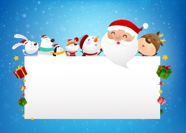 Boneco de neve de natal papai noel e animal cartoon sorriso