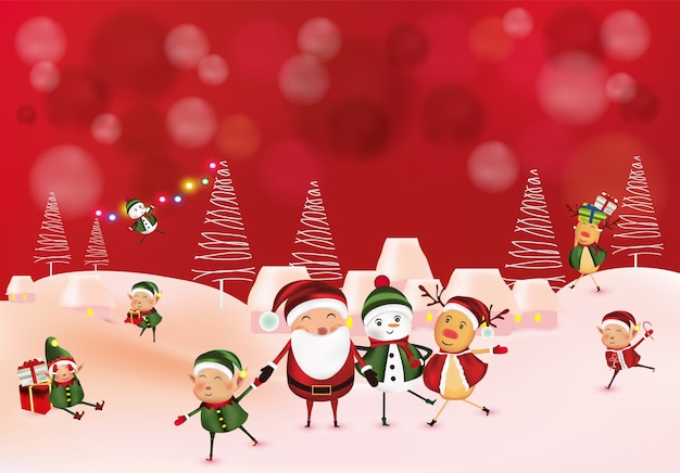 Boneco de neve, elfos, renas, feriados de Natal.