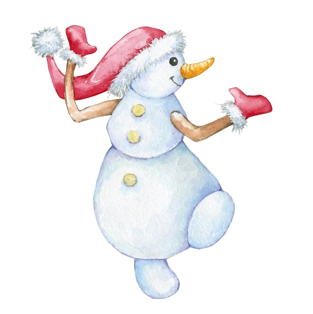 Boneco de neve em um chapéu vermelho dançando aquarela Natal clipart em estilo cartoon em um fundo isolado