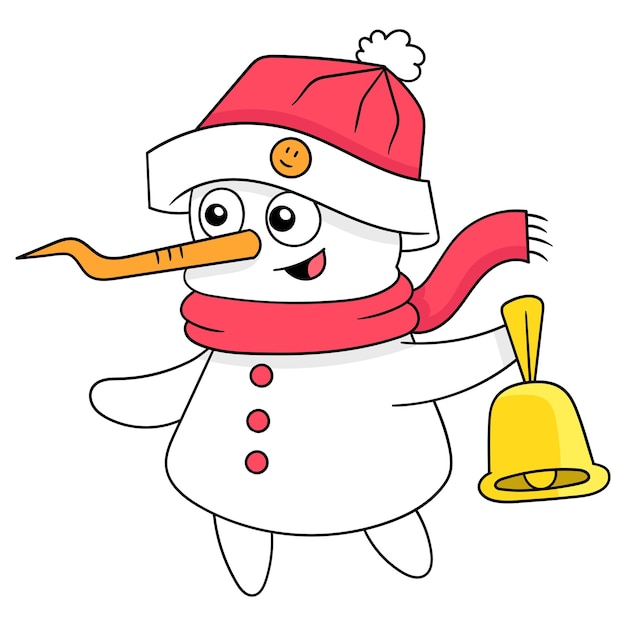 Boneco de neve está feliz carregando sinos de natal ilustração vetorial arte doodle ícone imagem kawaii