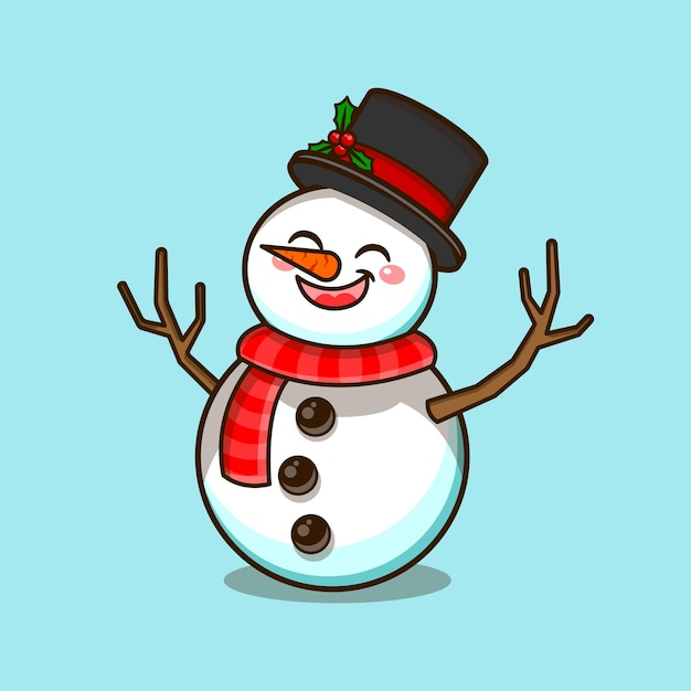 Vetor boneco de neve fofo com ilustração vetorial de chapéu preto