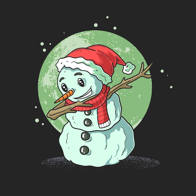 Vetor boneco de neve fofo com lenço vermelho enxugando na noite de inverno