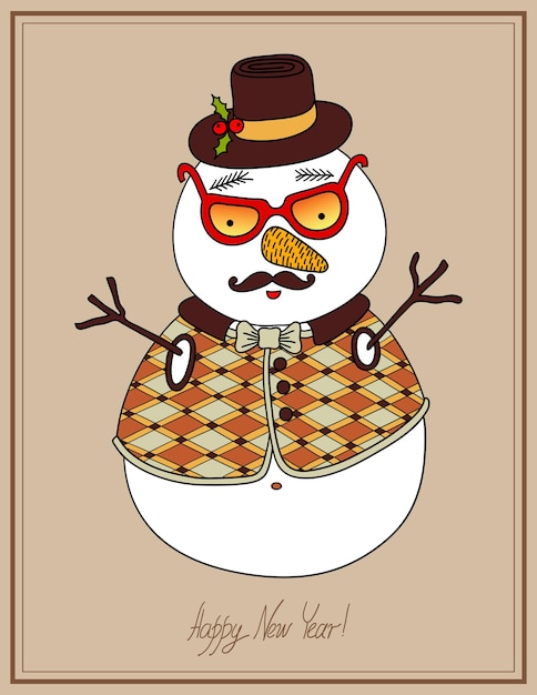 Boneco de neve hipster original em óculos de sol chapéu bigode gravata e wa