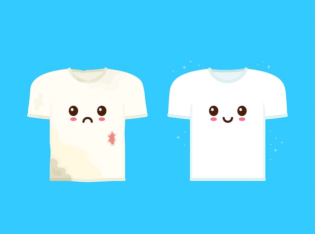 Bonita camiseta suja triste com manchas e feliz sorridente camiseta limpa