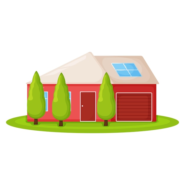 Vetor bonita casa de campo vermelha com árvore, construção de chalé de verão na ilustração vetorial de desenho animado moderno de campo verde, isolada no branco. aconchegante lugar ao ar livre para viver.