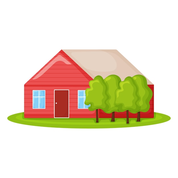 Bonita casa de campo vermelha com árvore, construção de chalé de verão na ilustração vetorial de desenho animado moderno de campo verde, isolada no branco. aconchegante lugar ao ar livre para viver.