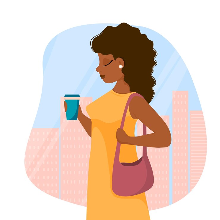 Vetor bonita e atraente empresária está andando na rua de uma cidade grande para trabalhar com um copo de café