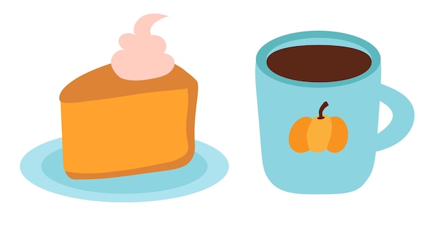Vetor bonita hora do chá com torta de abóbora xícara quente de chá ou café aconchegante casa de outono ilustração vetorial plana