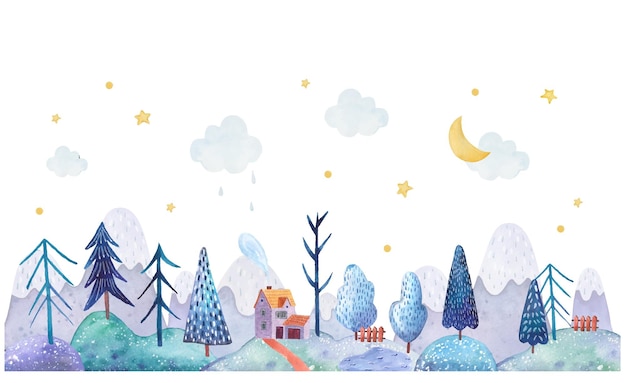 Bonita ilustração infantil da paisagem de inverno para menino com montanhas, casas, estradas e árvores