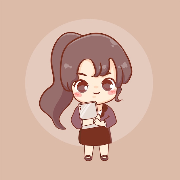 Bonita jovem empresária segurando a ilustração dos desenhos animados do tablet