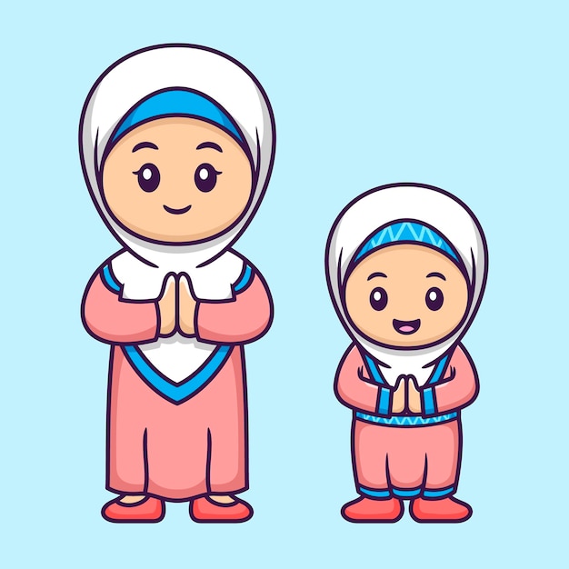 Bonita muçulmana mãe e filha em desenho animado ramadan ilustração vetorial conceito de estilo simples