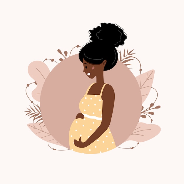 Bonita mulher grávida feliz. linda garota africana esperando bebê. ilustração moderna em grande estilo.