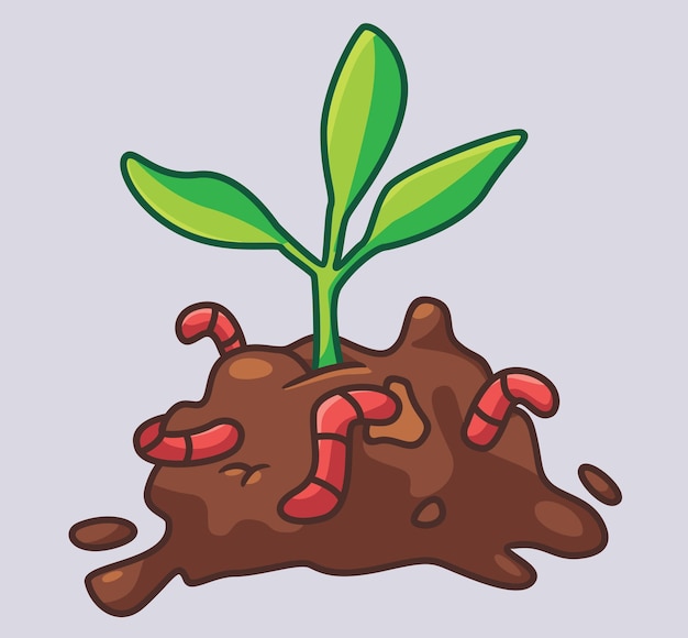 Bonita planta em crescimento com ilustração de animais de desenho animado isolado de minhoca ícone de etiqueta de estilo simples