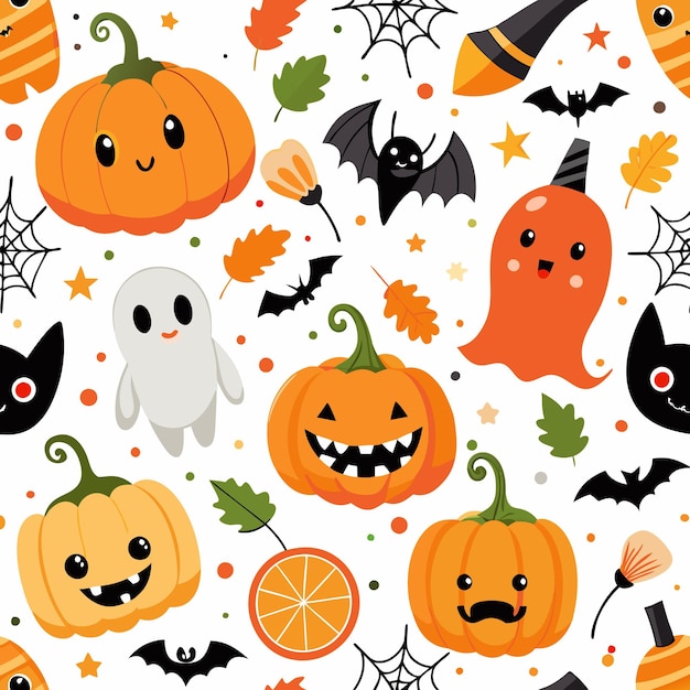 Bonitas abóboras de Halloween morcegos e fantasmas padrão sem costura