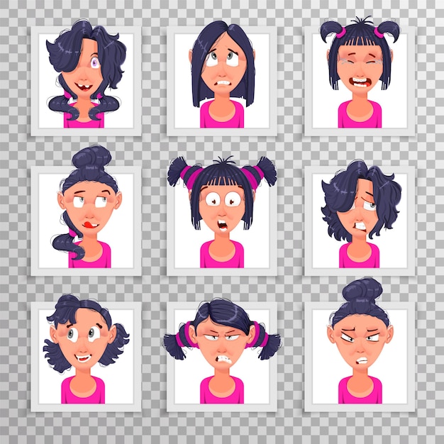 Vetor bonitas ilustrações de lindas garotas com diferentes emoções de penteado feitas como adesivos.