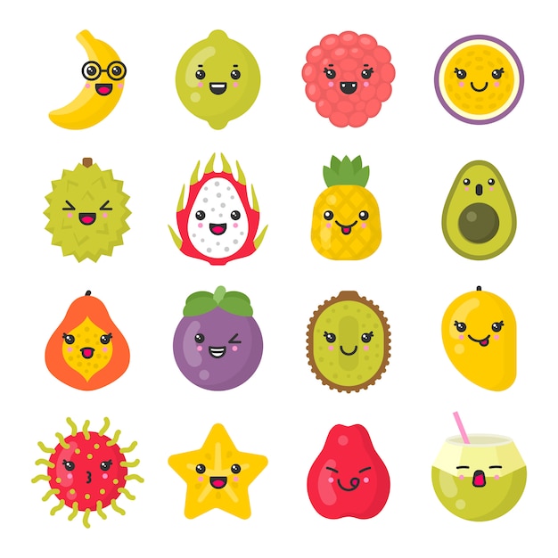 Bonitinho sorrindo frutas exóticas, conjunto de ícones coloridos isolado