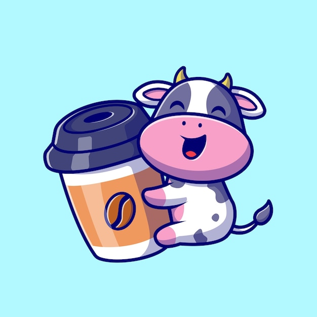 Bonito abraço de vaca xícara de café ilustração vetorial ícone dos desenhos animados. conceito de ícone de bebida animal isolado plano