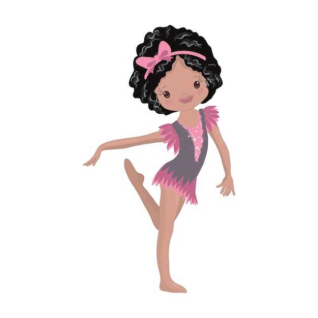 Bonito africano american girl gymnast gym. ilustração vetorial. linda ginasta bonitinha.