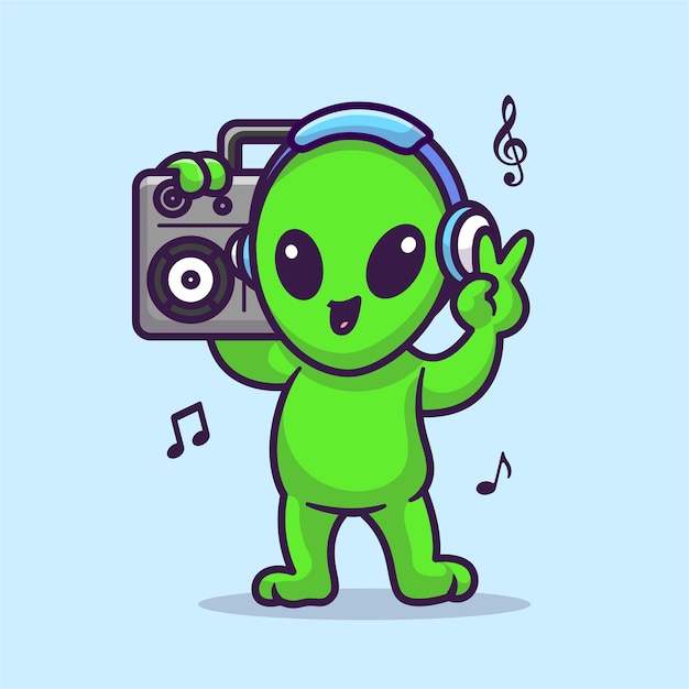 Bonito alien ouvindo música com boombox e fone de ouvido ilustração  vetorial ícone dos desenhos animados ciência tecnologia