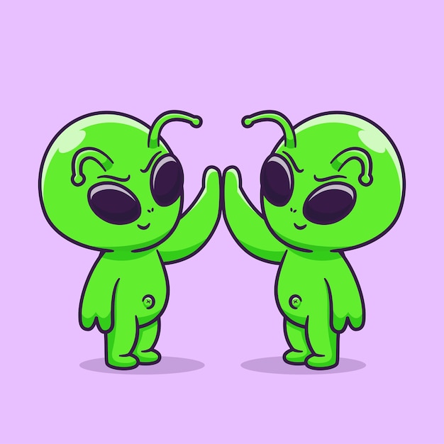 Bonito alienígenas high fives ilustração do ícone do vetor dos desenhos animados. ciência tecnologia ícone conceito isolado vetor premium. estilo de desenho animado plano