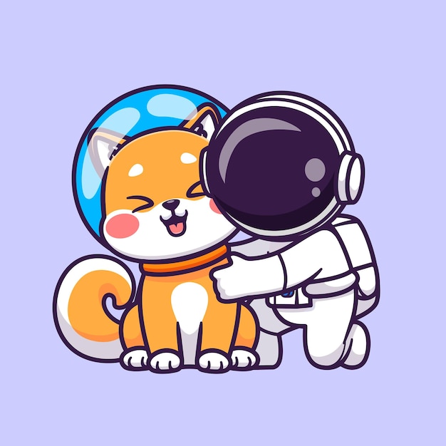 Bonito astronauta abraço shiba inu cão astronauta dos desenhos animados vetor ícone ilustração ciência animal isolado