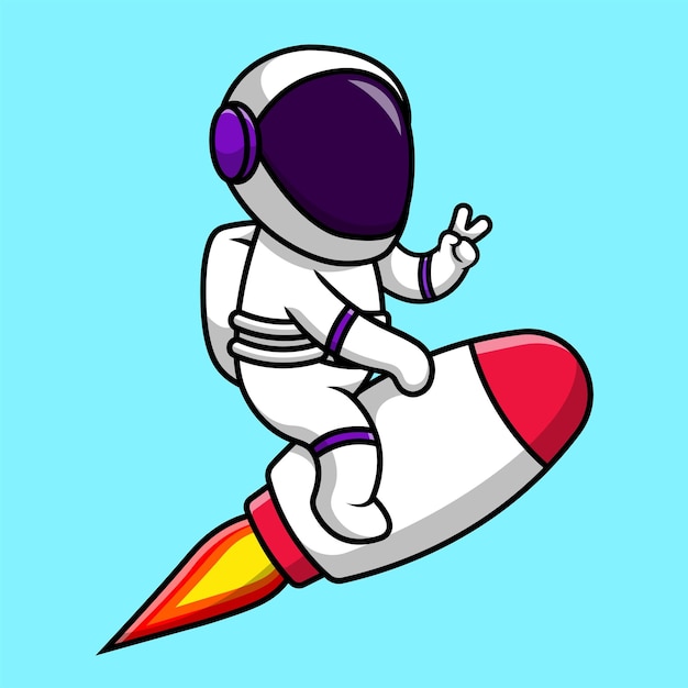 Bonito astronauta andando de foguete com ilustração de ícone de vetor de desenhos animados de mão de paz