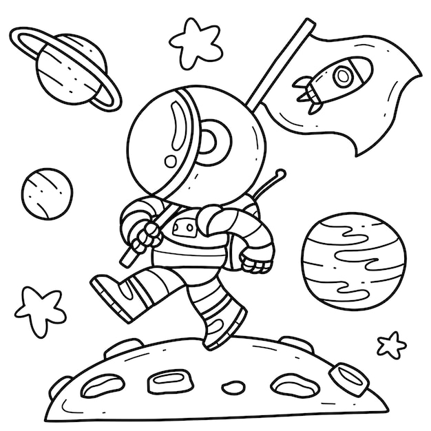 Bonito astronauta com bandeira no planeta desenhado à mão desenho de livro de colorir isolado em branco