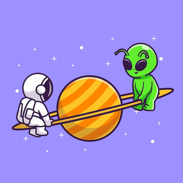 Bonito astronauta e alienígena jogando gangorra planeta no espaço dos desenhos animados vetor ícone ilustração. ciência