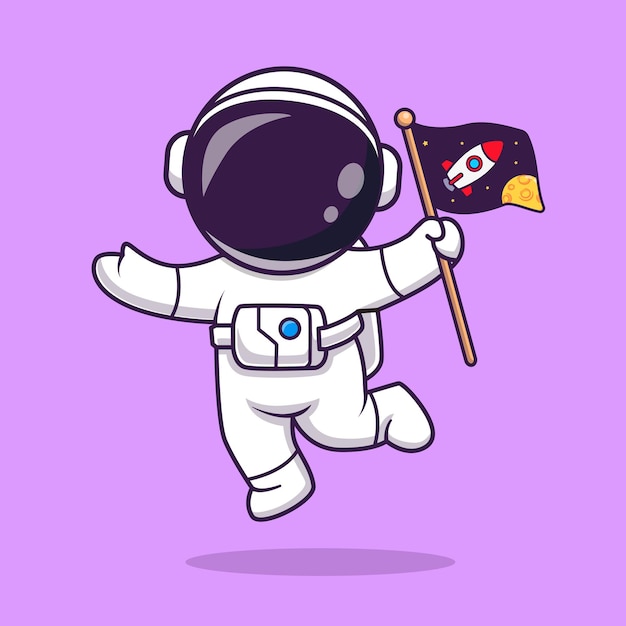 Bonito astronauta flutuando com espaço bandeira dos desenhos animados ícone ilustração vetorial ciência tecnologia ícone