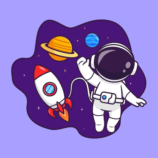 Bonito astronauta flutuando no espaço com foguete e planeta desenho vetorial ícone ilustração ciência