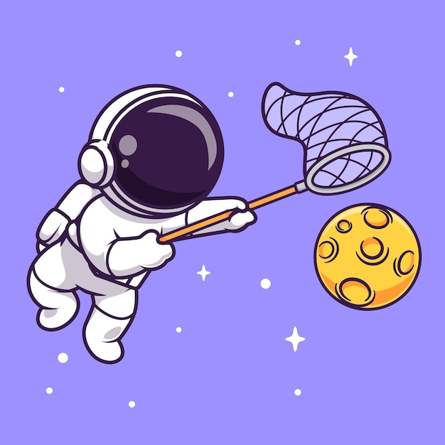 Bonito astronauta pegando lua com peixe rede artoon ilustração vetorial ícone ciência tecnologia