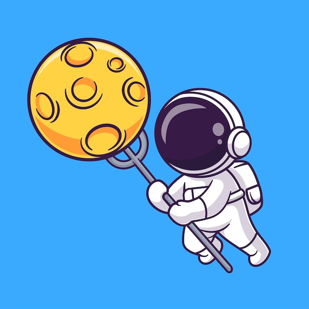 Bonito astronauta puxão lua com ilustração de ícone de vetor de desenho de garfo. ciência tecnologia isolada