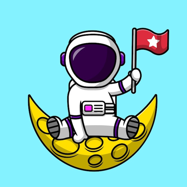 Bonito astronauta segurando a bandeira na lua desenho vetorial ilustração de ícone