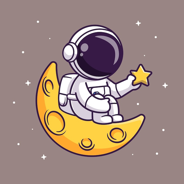 Bonito astronauta segurando estrela e sentado na lua Cartoon Vector ícone ilustração. Tecnologia científica