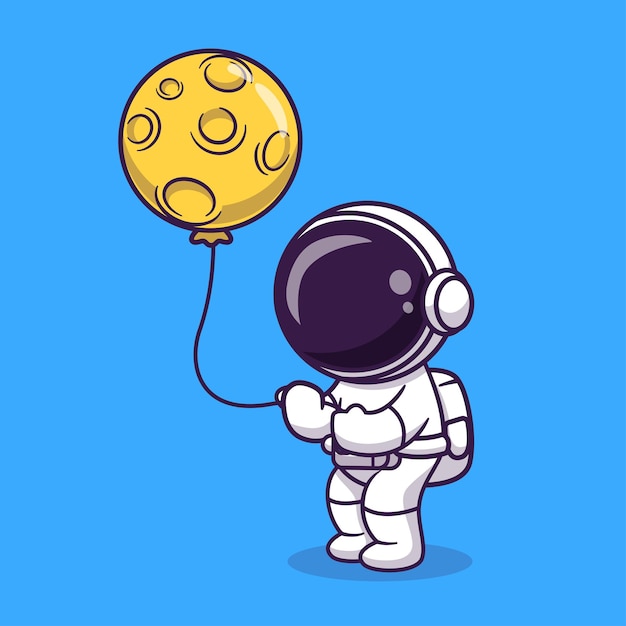 Bonito astronauta segurando lua balão cartoon ilustração em vetor. ciência tecnologia ícone conceito isolado vetor premium. estilo de desenho animado plano