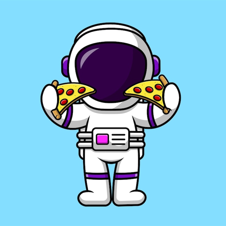 Bonito astronauta segurando pizza cartoon ilustração de ícone vetorial