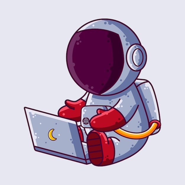 Bonito astronauta trabalhando com ilustração vetorial dos desenhos animados de laptop. vetor de personagem de estilo de desenho animado.