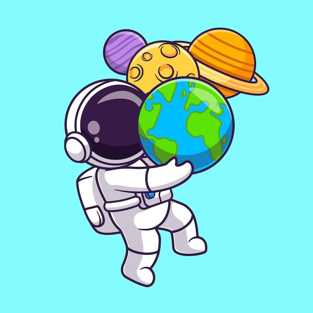 Vetor bonito astronauta traz planeta e ilustração de ícone do vetor dos desenhos animados da lua. ciência tecnologia isolada